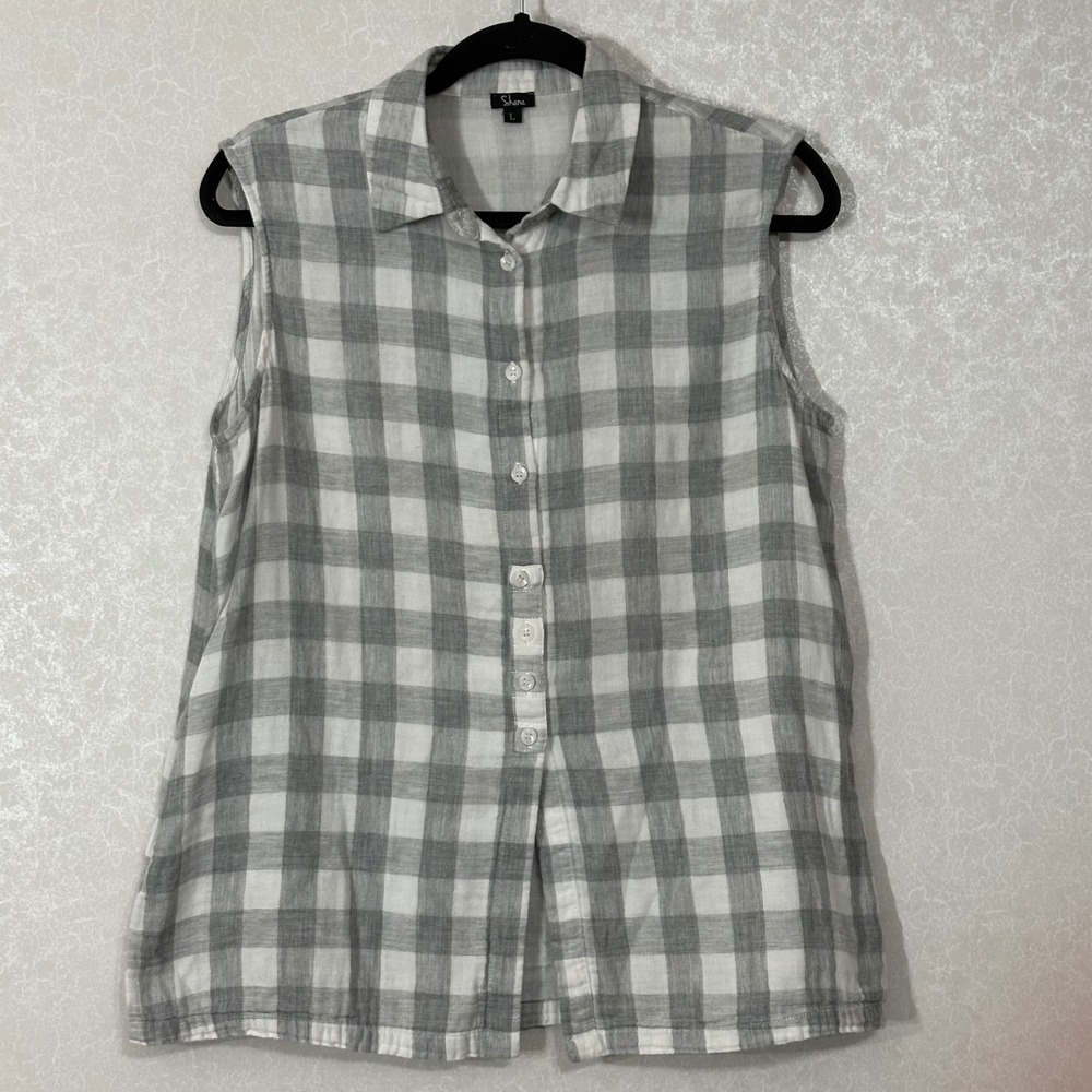 Shana Sleeveless Button Down Shirt Gingham Plaid Pockets Grey White Neutral L